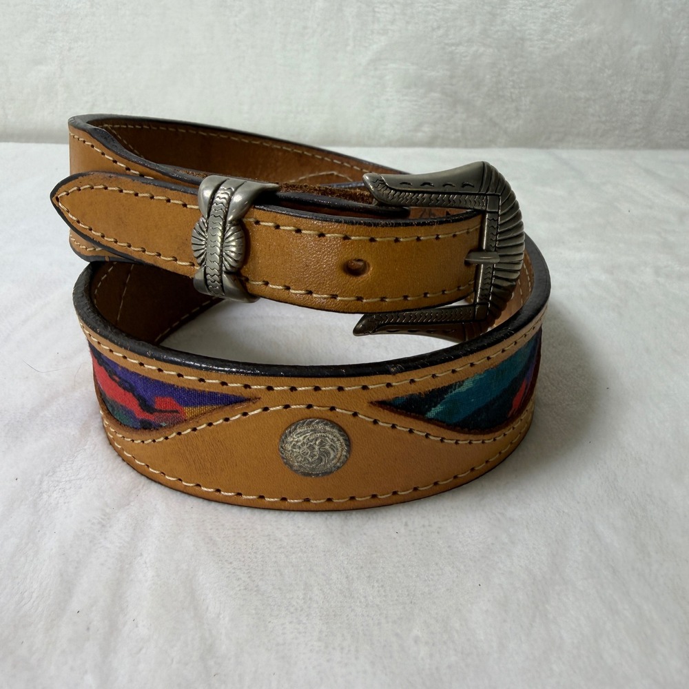 Wrangler Womens Brown Leather Western Belt 26 Southwestern Inlay Silver Concho